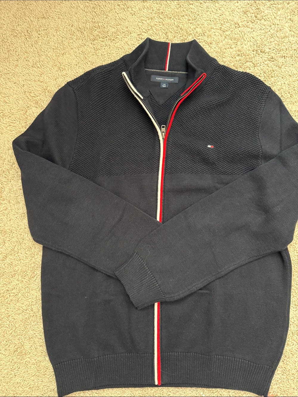 Tommy Hilfiger Navy Full-Zip Knit Sweater with Red & White Trim